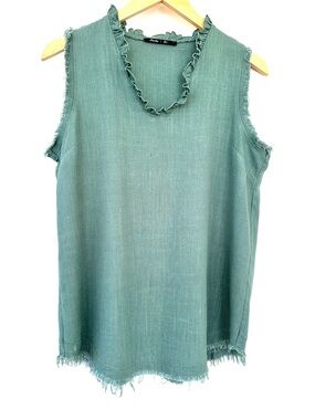 Sleeveless Frayed V-Neck Top in Seafoam Green, Relaxed Fit, Sleeveless, Linen